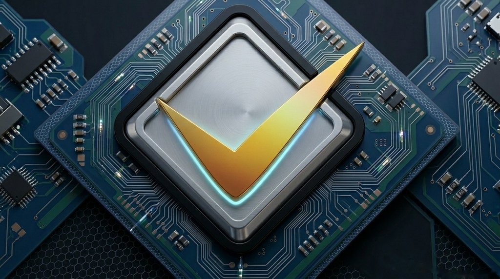 The Baselines check-mark logo rendered as a computer chip on a circuit board